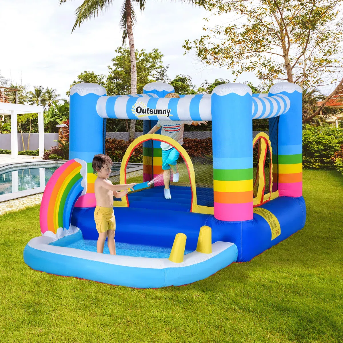 Outsunny Castello Gonfiabile per Bambini con Trampolino e Piscina, Pompa Elettrica Inclusa 280x170x155cm, Multicolore
