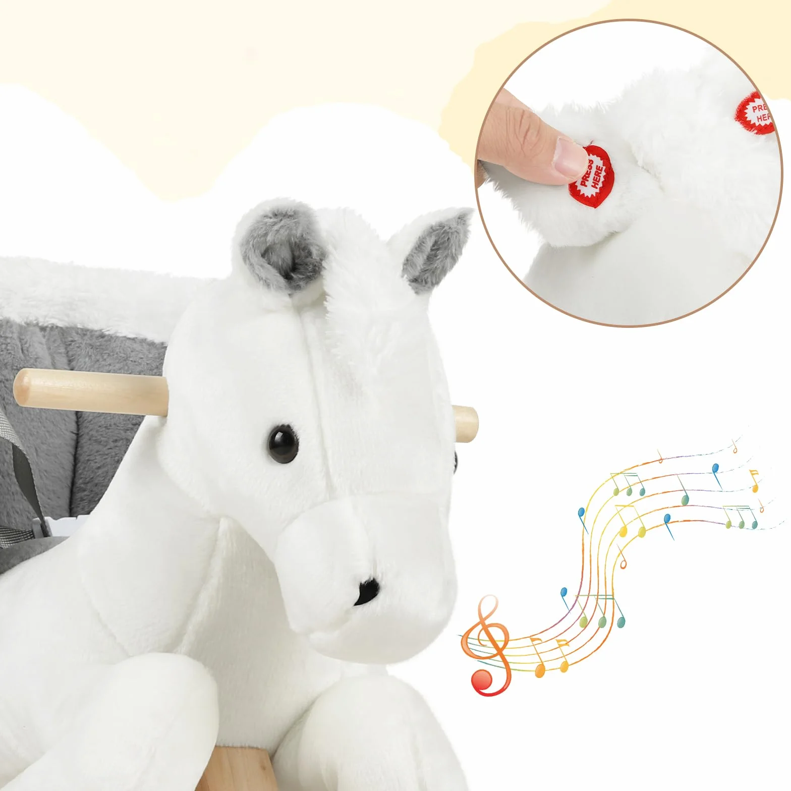 WOLTU Cavallo a Dondolo in Legno per Bambini 1-3 Anni, Cavalluccio in Peluche Cavalcabile con Suoni, Cintura di Sicurezza e Schienale Alto, Giocattolo Regalo per Bambino e Bambina, Bianco e Grigio