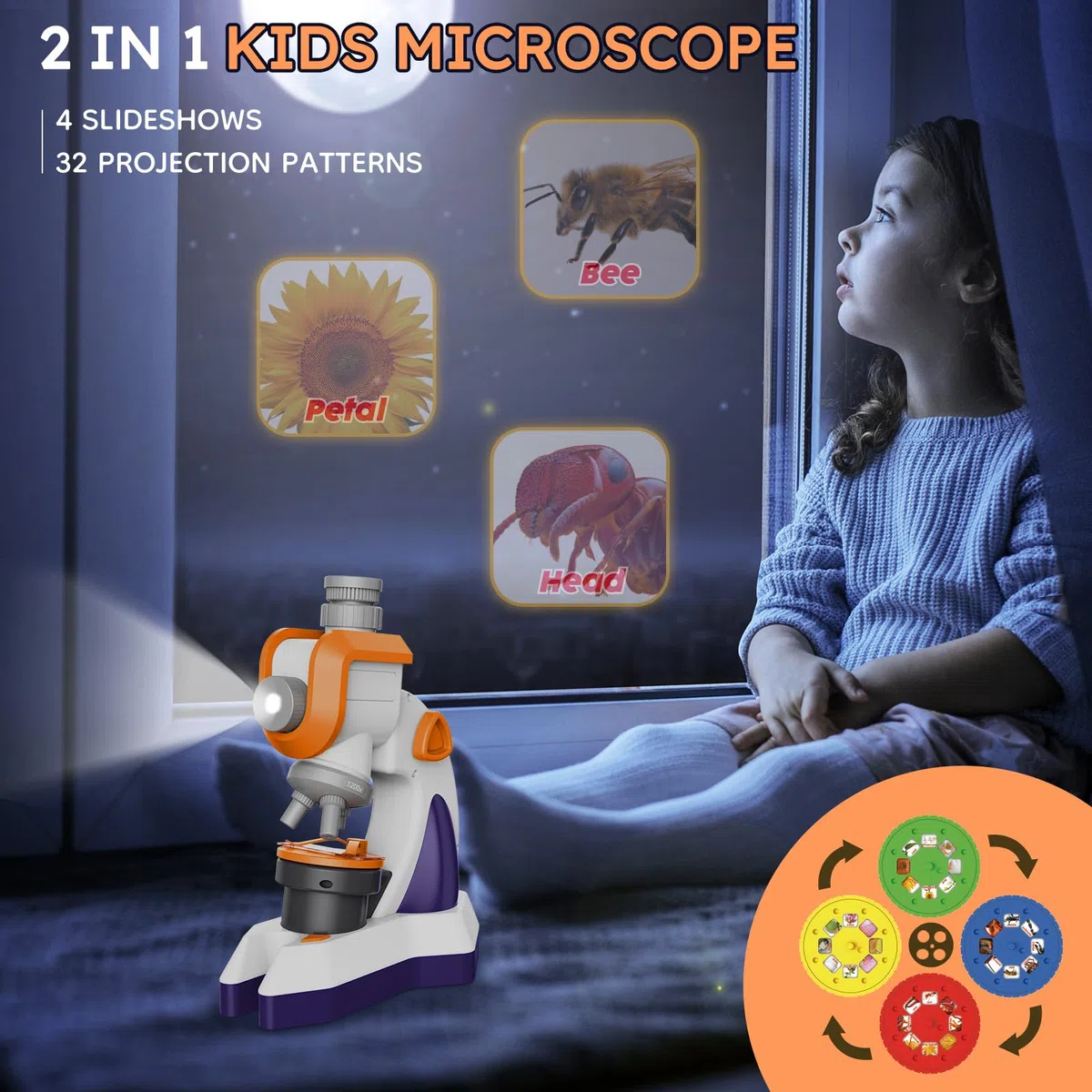MAXLAPTER Microscopio per Bambini 1200X con Proiettore: Microscopio con Vetrini Preparati e Borsa per la Conservazione - Regali di Scienza Edu per Bambini Principianti di 8-12 Anni (Arancione-Viola)