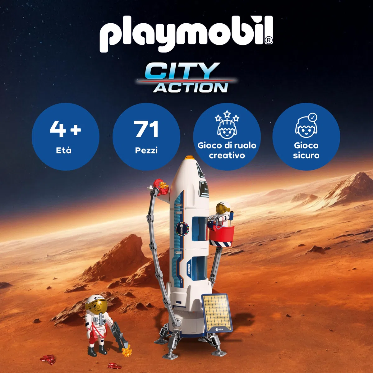 PLAYMOBIL Space ESA Mars Research Rocket | Razzo modulare con rampa di lancio e 2 astronauti | Set di giocattoli spaziali di alta qualità | Per bambini dai 4 anni in su | 72011