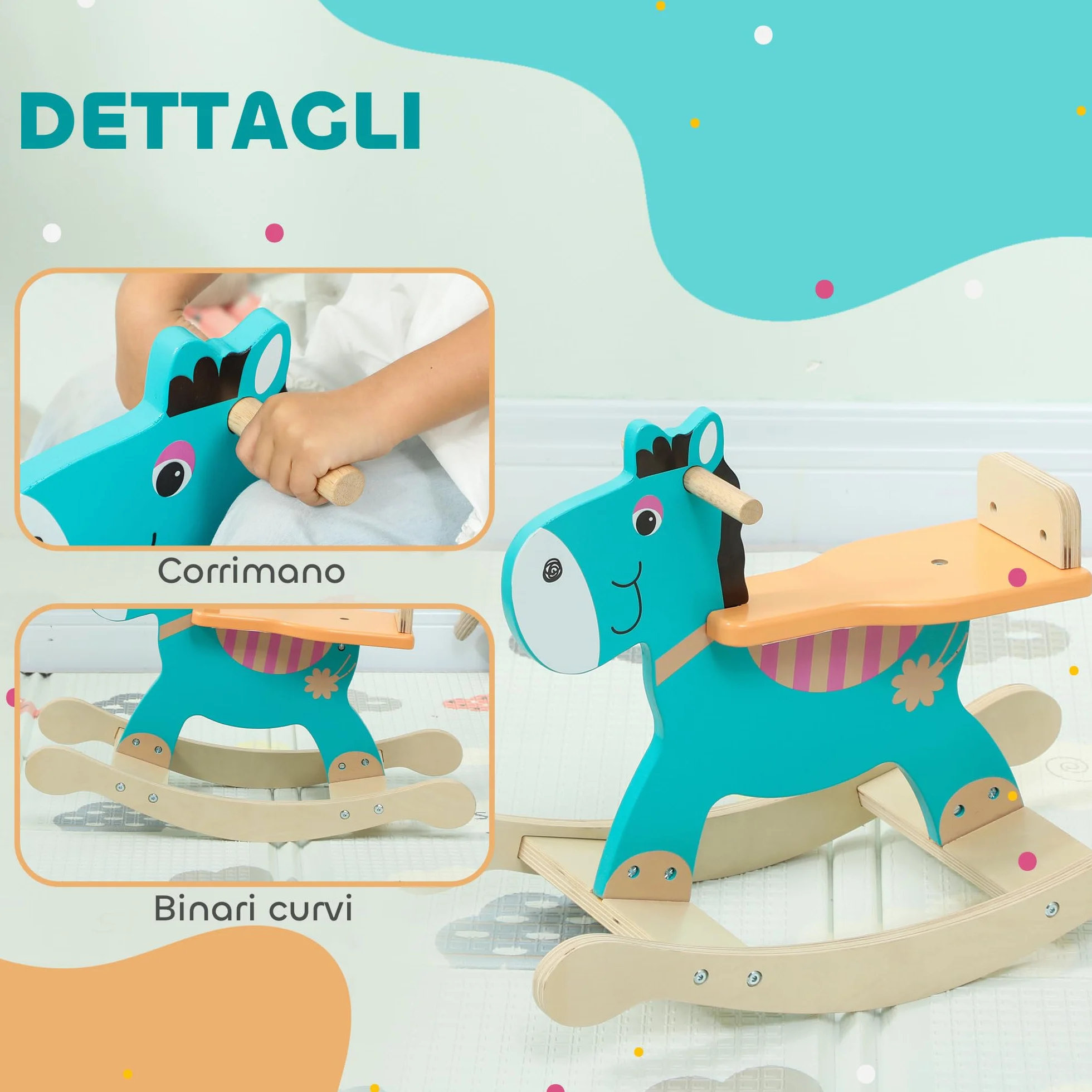 AIYAPLAY Cavallo a Dondolo a Forma di Asino per Bambini 2-5 Anni con Base Larga, Cavallino a Dondolo in Legno compensato, 59x27x43 cm, Verde Scuro e Arancione