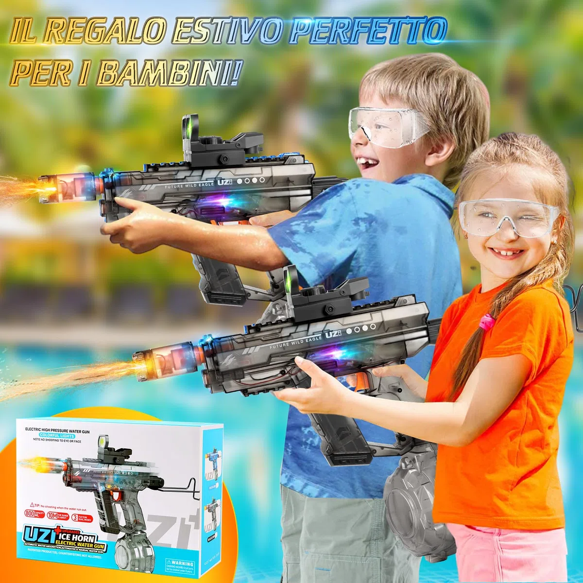 JONRRYIN Pistola ad Acqua Elettrica, Automatico Pistola 800ml - Portata 10 Metri, Ricaricabile Pistola con Effetti Flash & Suono per Bambini/Adulti(Spiaggia, Piscina, Giardino) (Nero)