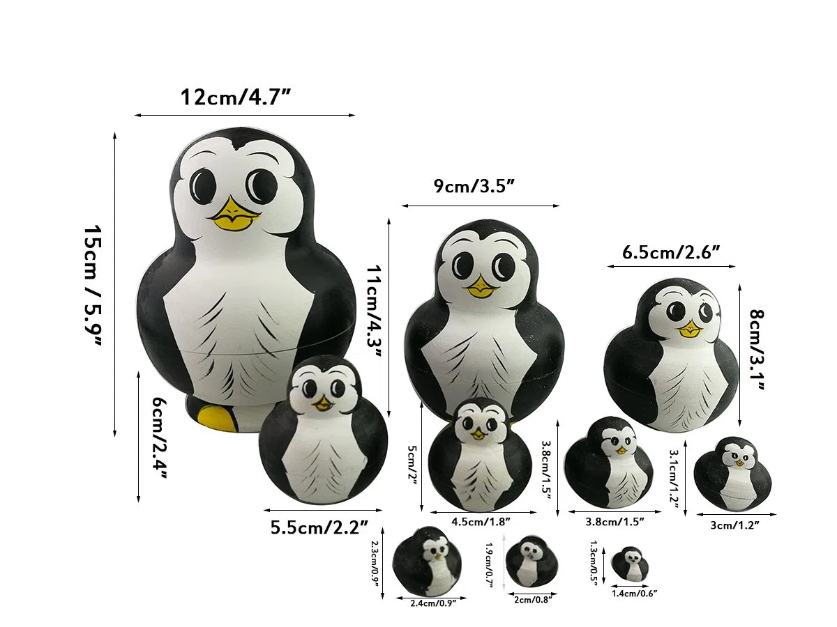 Matrioszka Pinguini Impilabili Drewniane Ręcznie Malowane Zestaw 10 Sztuk