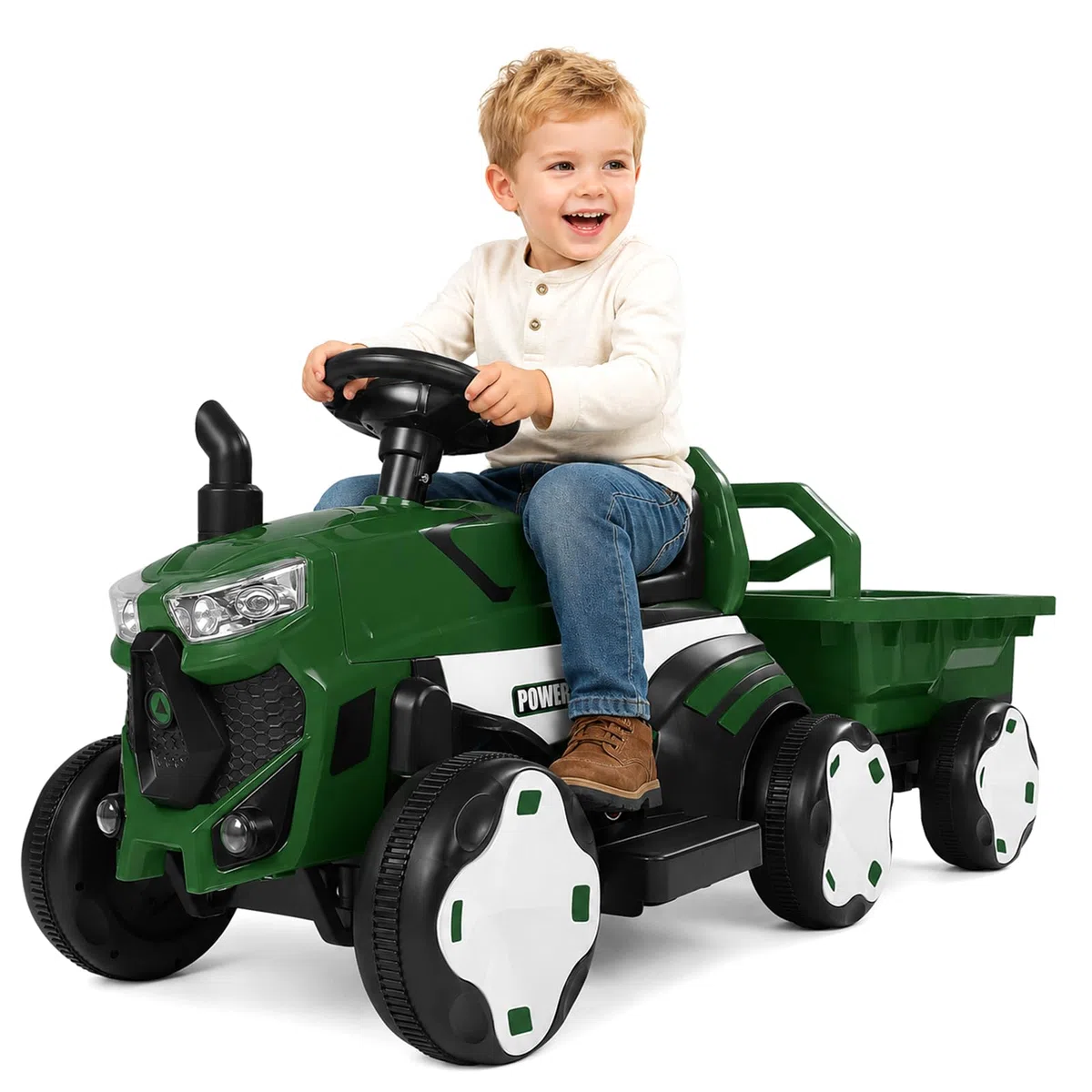 Trattore per Bambini Elettrico 2 in 1 con Rimorchio, LED, Musica, Ruote Antiscivolo, Portata 50 kg