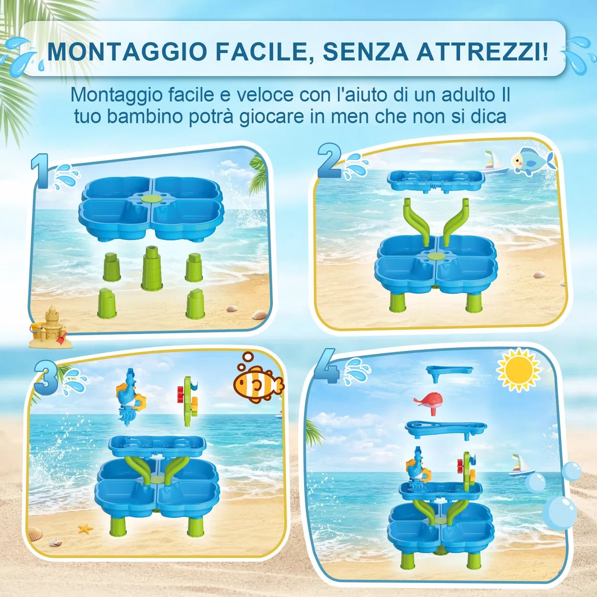 Tavolo Acqua Bambini, Tavolo Sabbia e Acqua a 4 Livelli con Accessori per Sabbiera, Grande Tavolo d’Acqua per Giardino, Spiaggia ed Estate, Giocattolo d’Acqua per Bambini dai 3 Anni