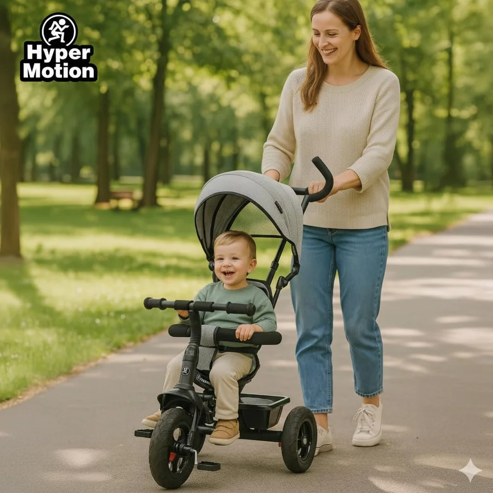 HyperMotion Triciclo Pieghevole per Bambini 1-4 Anni con Manubrio per Genitori - Bicicletta Evolutiva fino a 20kg - Monopattino Bambino Regolabile con Struttura Ergonomica, Grigio