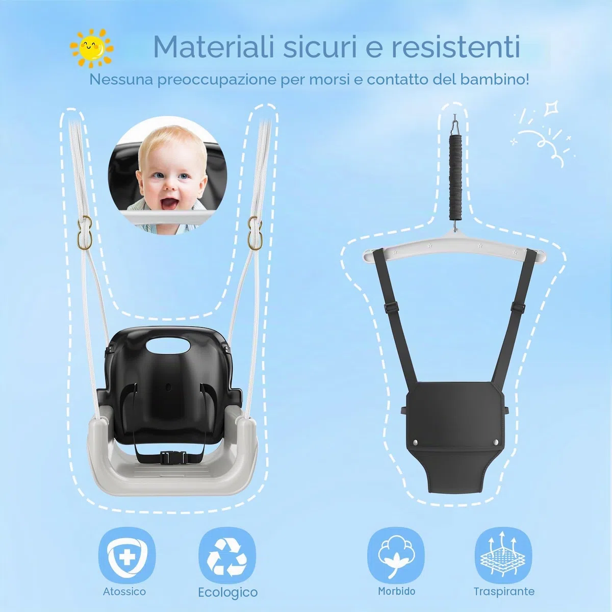 4-in-1altalena da giardino per bambini, Altalene Saltare Su per Bambini per Giochi, Supporto Metallo Pieghevole, Sedili Rimovibili Alta Qualità, 18 Mesi-6 Anni