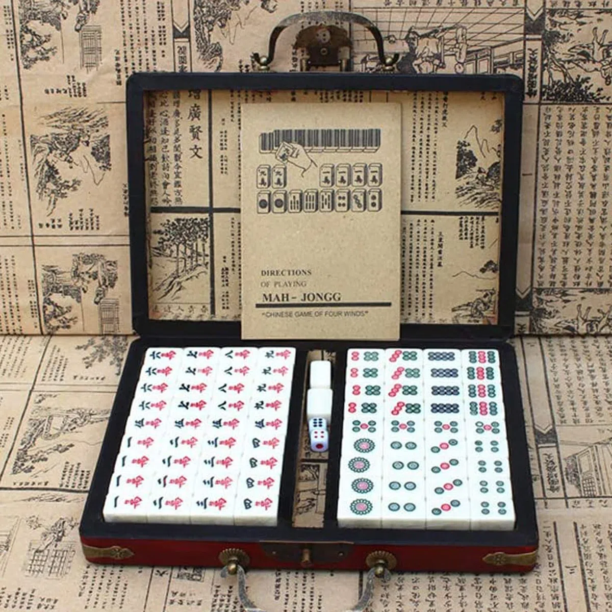 Antico Mahjong 144 Piastrelle Set da Viaggio Portatile Gioco Familiare per Adulti