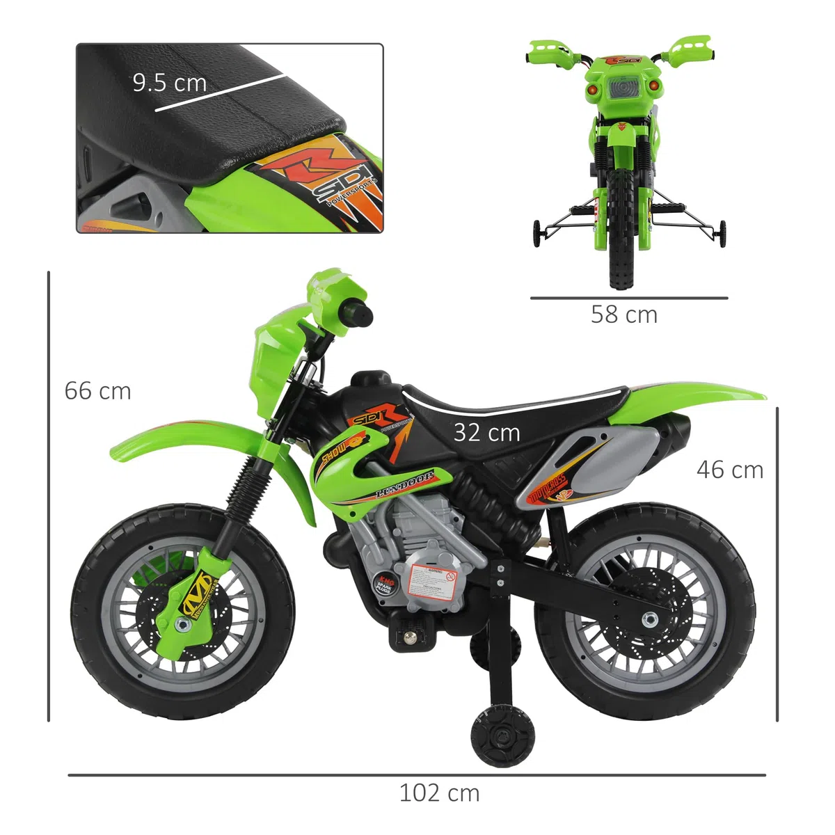 HOMCOM Moto Elettrica per Bambini 3+ Anni, 6V 2.5km/h, 102x58x66cm, Verde