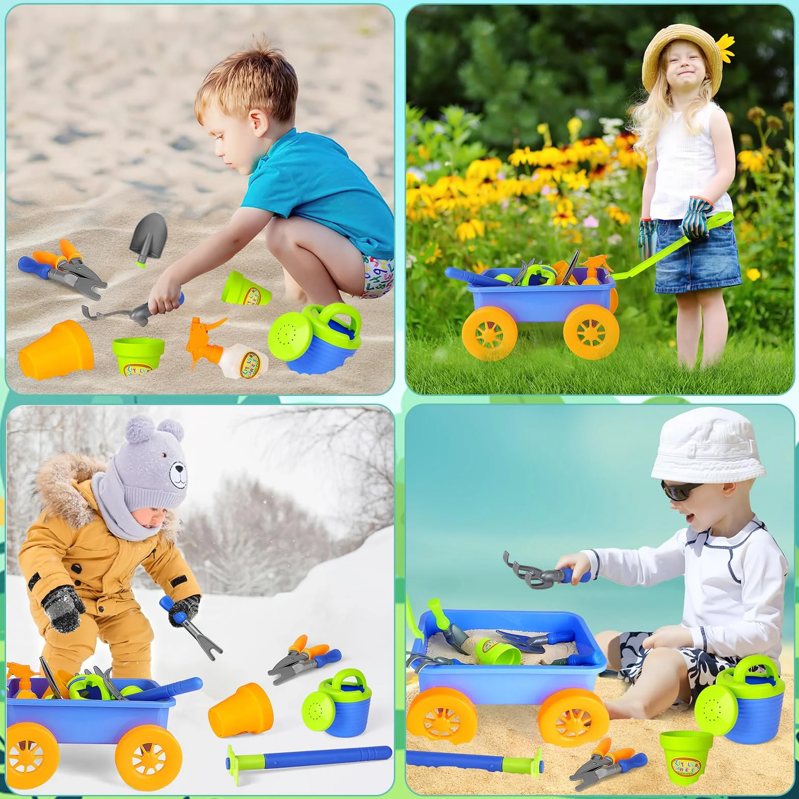 deAO Carriola e attrezzi da giardinaggio per bambini, include 10 accessori e 4 vasi per piante