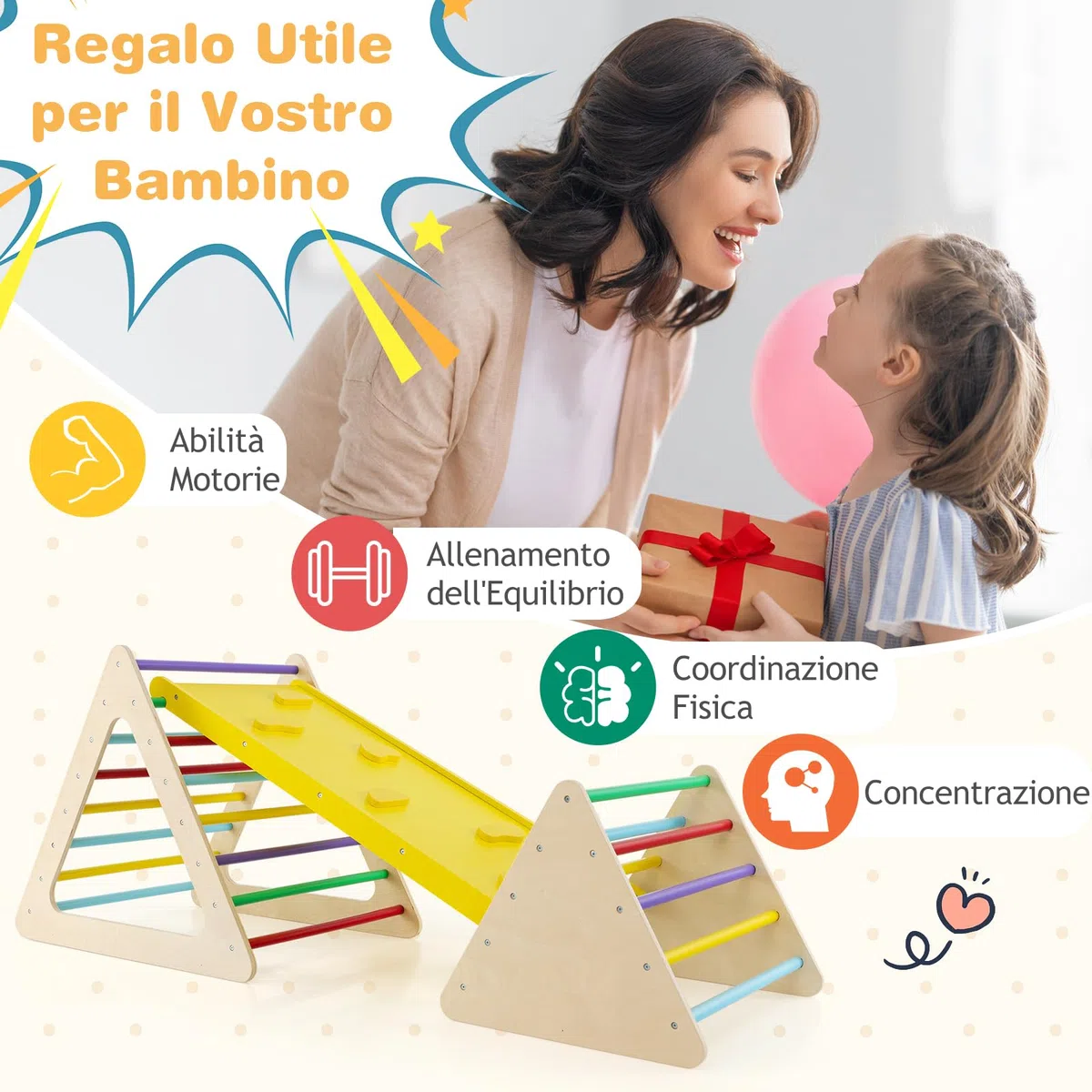 RELAX4LIFE Triangolo da Arrampicata in Legno con Scivolo, 2 Scale e 1 Rampa, Giochi Montessori per Bambini 1+