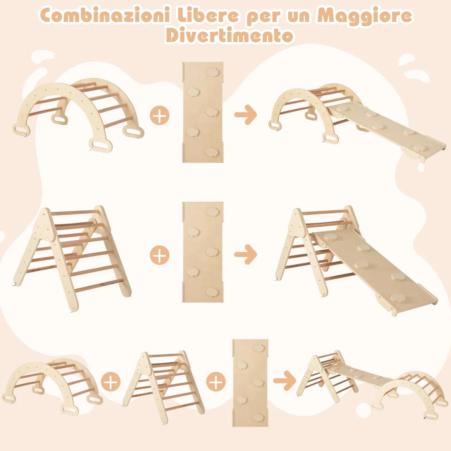 COSTWAY 4 in 1 Set da Arrampicata per Bambini, Giocattoli da Arrampicata a Triangolo con Triangolo Arco e Salita, Ideale per Bambini 1 Anni + (Naturale)