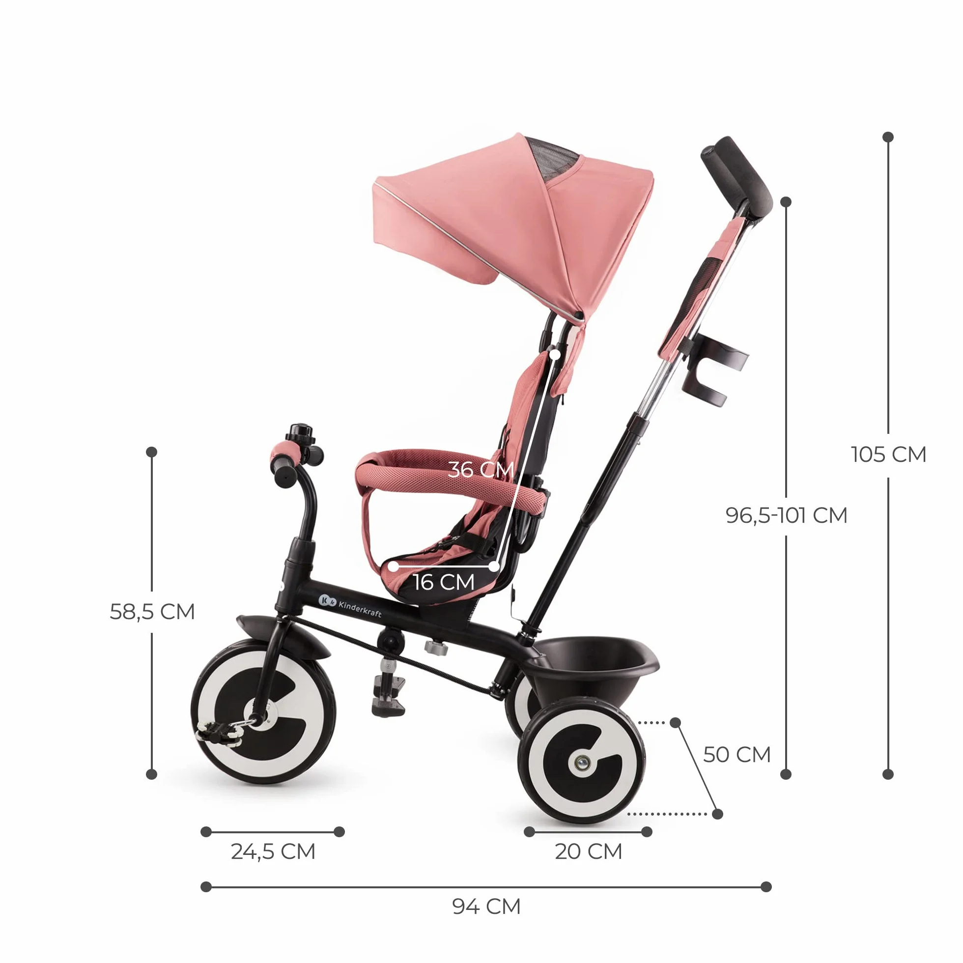 Kinderkraft ASTON Triciclo bambini dai 9 Mesi fino 25 kg, Passeggino con Maniglione regolabile, Bici, Sedile girevole Fronte Mamma e Strada, Cappottina pieghevole, Ruota libera, Rosa