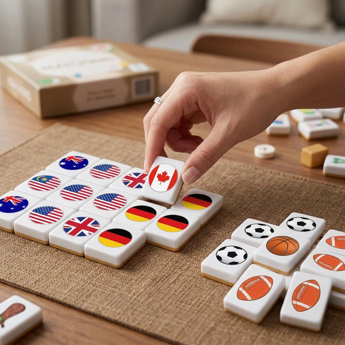 Set Mahjong per Bambini 48 Pezzi Blocchi Gioco con Bandiera Palla Piastrelle Giochi da Tavolo Spiaggia