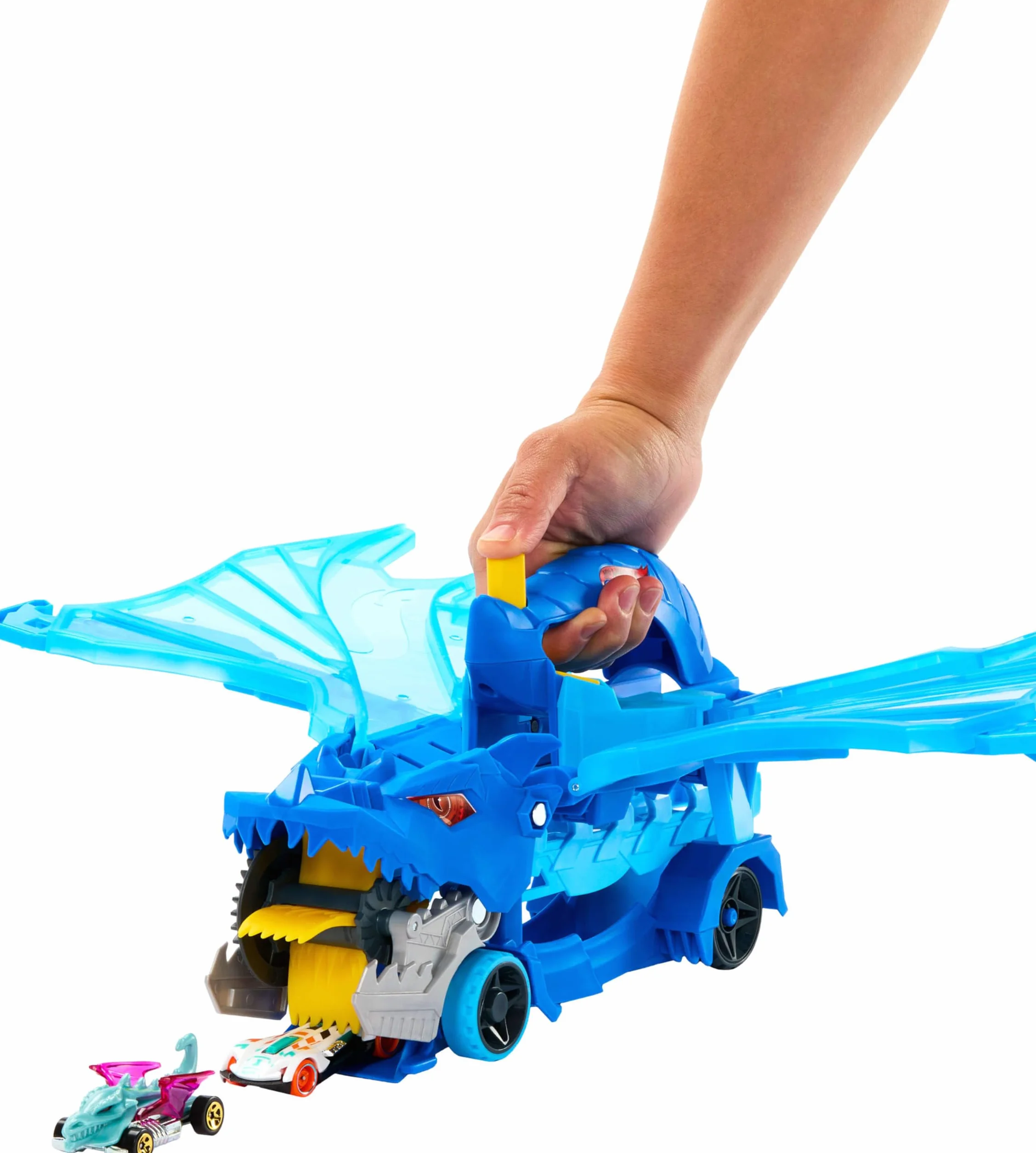 Hot Wheels - Drago Trasportatore, Veicolo trasformabile di Grandi Dimensioni con Drago Rimovibile e 2 macchinine Incluse, Contiene Fino a 20 Veicoli, Giocattolo per Bambini, 4+ Anni, JKJ79