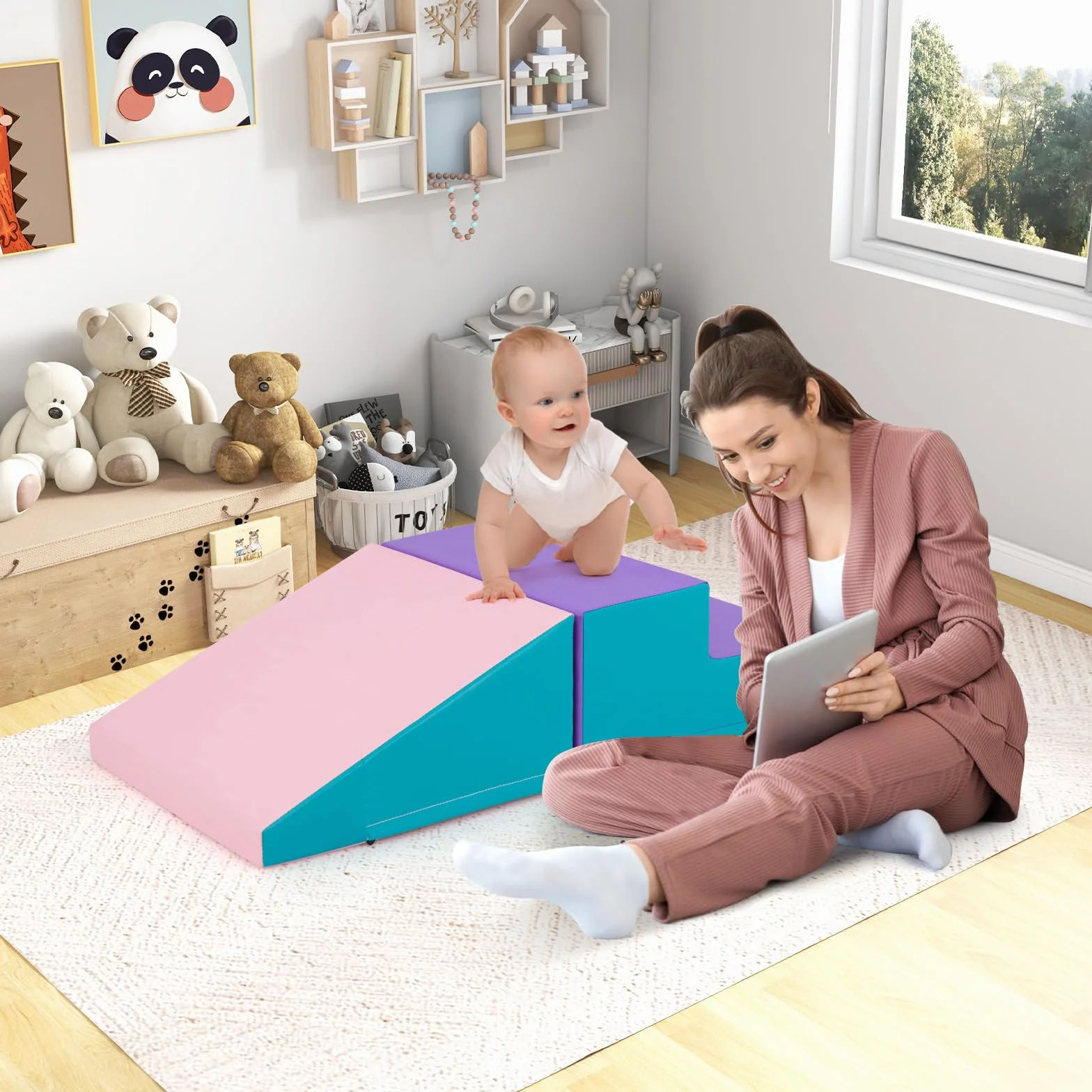 COSTWAY Set di 2 Blocchi per Gattonare e Arrampicare per Bambini, Schiuma Morbida Gioco Attivo Interno, Viola e Rosa