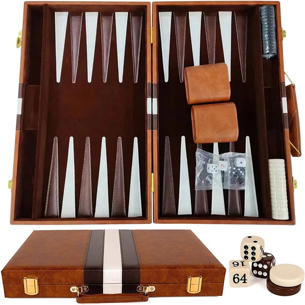 Backgammon Legno Set - Gioco da Tavolo Con Custodia in Pelle, Coppa per Dadi, Portatile e da Viaggio, 15 Pollici