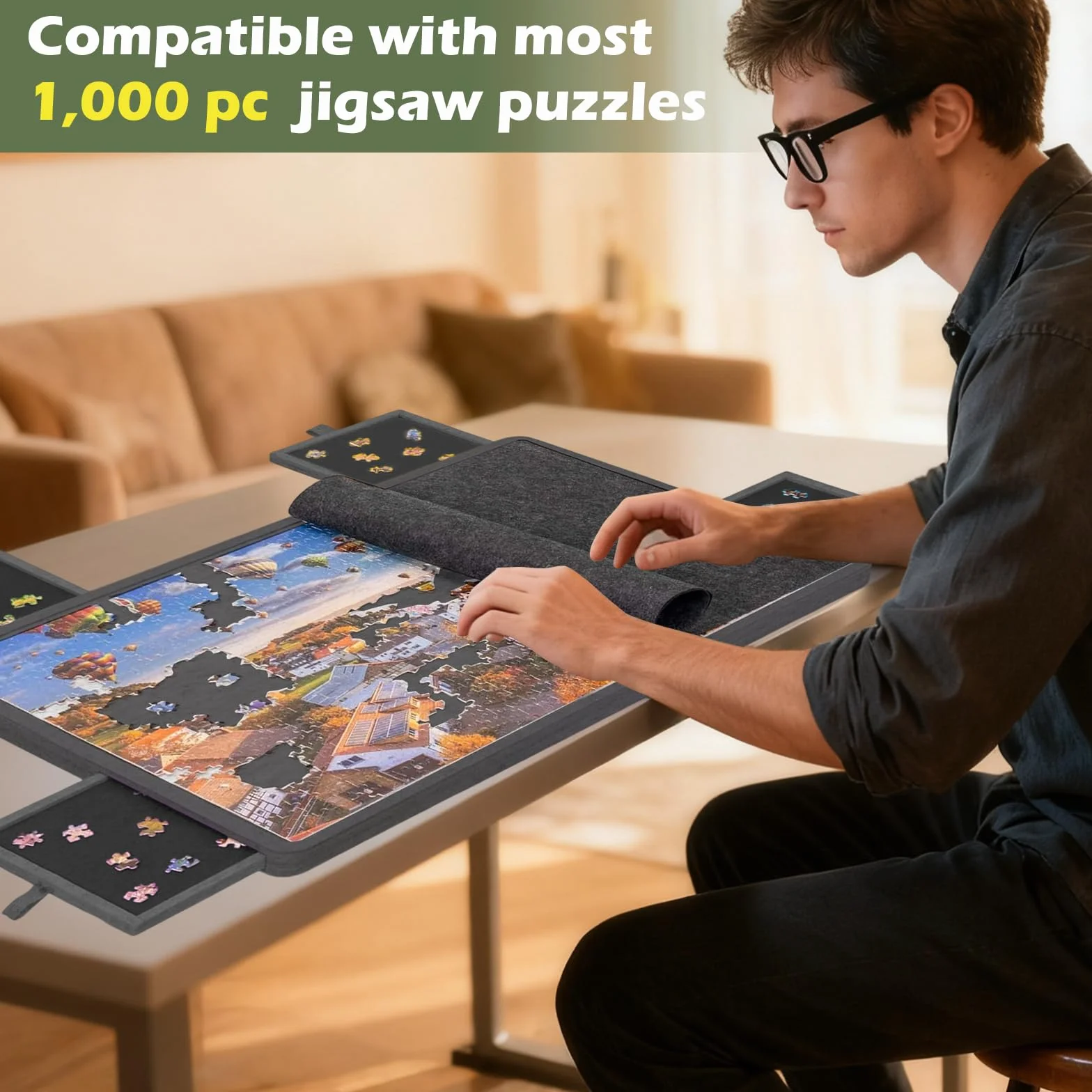 Jigsaw Puzzle pieghevole con 4 cassetti, tavolo puzzle portatile con supporto 2 in 1 e copertura, super leggero in feltro con 6 scomparti, accessorio puzzle per fino a 1000 pezzi (nero)