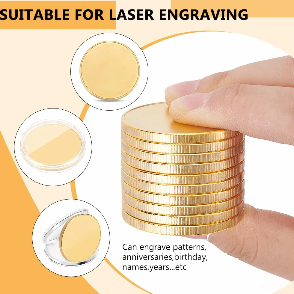 WEBEEDY 20 pezzi Blank Challenge Coin Incisione Monete grezze in metallo punzonatura 40 mm per incisioni laser a fibra, rotonde, tag filettati, moneta con scatola protettiva in acrilico, oro e argento