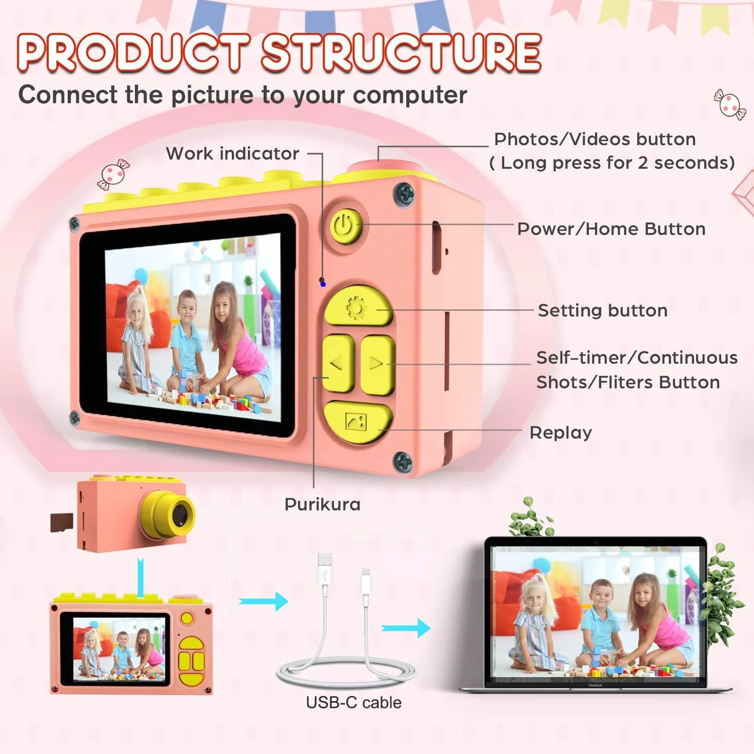 ShinePick Fotocamera per bambini impermeabile, Macchina Fotografica Bambini con scheda TF/zoom digitale 4X/8 MP, schermo LCD da 2 pollici, Mini Ricaricabile Fotocamera (rosa)