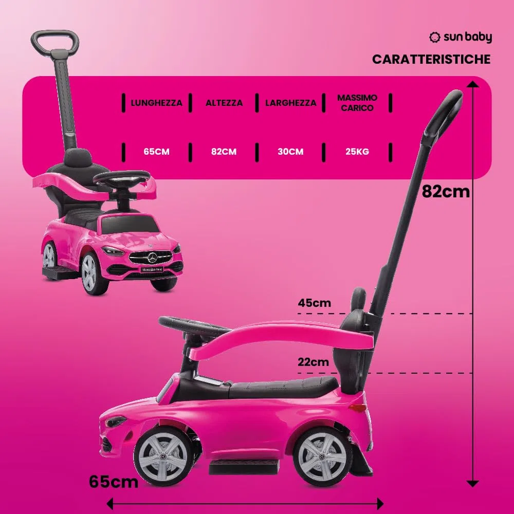sun baby Macchinina Cavalcabile per Bambini, Macchina a spinta da 12 mesi, schienale alto, volante audio, poggiapiedi estensibili, vano portaoggetti (Rosa)