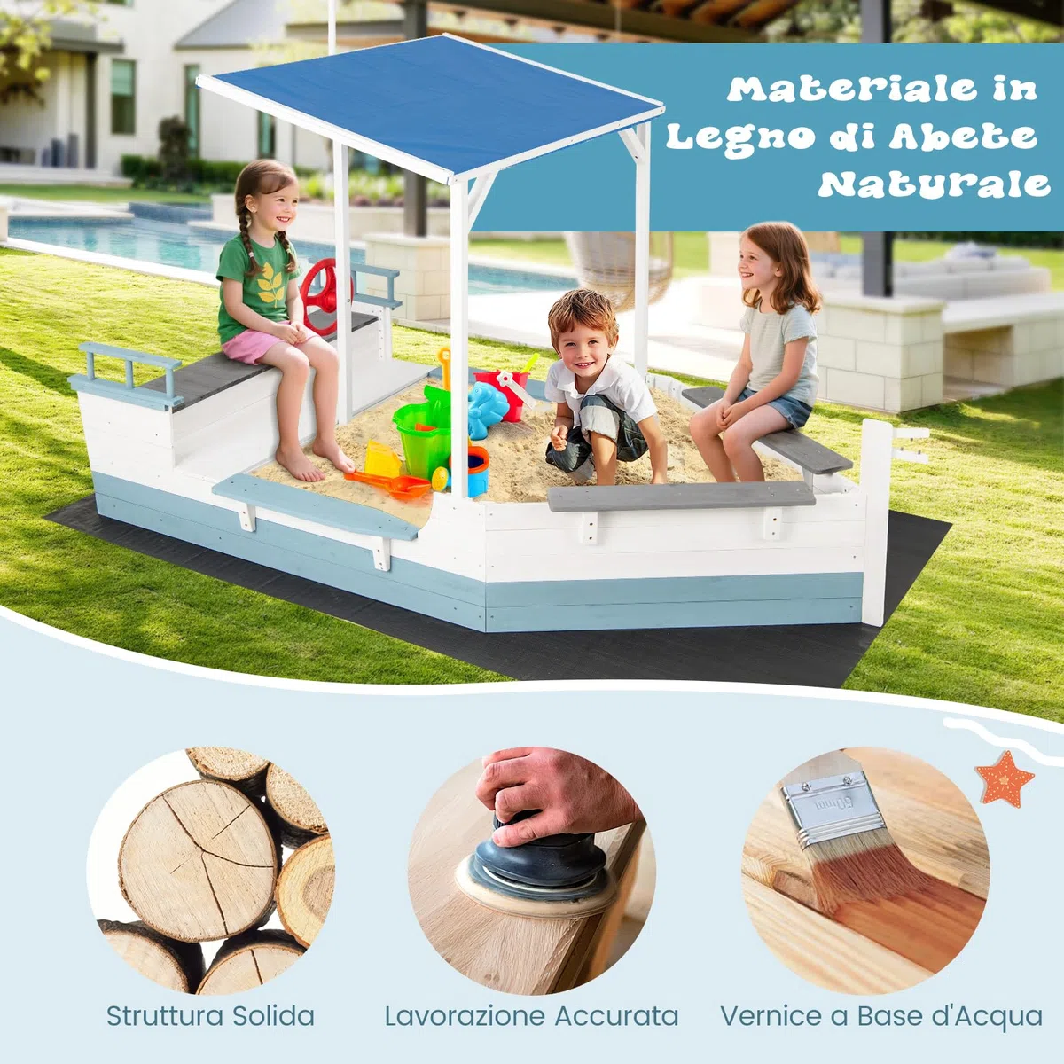 GYMAX Sabbiera in Legno di Abete, Casetta da Gioco per Giardino a Forma di Nave con Tetto Spiovente, Rivestimento, Sedili Multipli, Ampio Spazio di Stoccaggio, Sabbiera da Esterno per Bambini