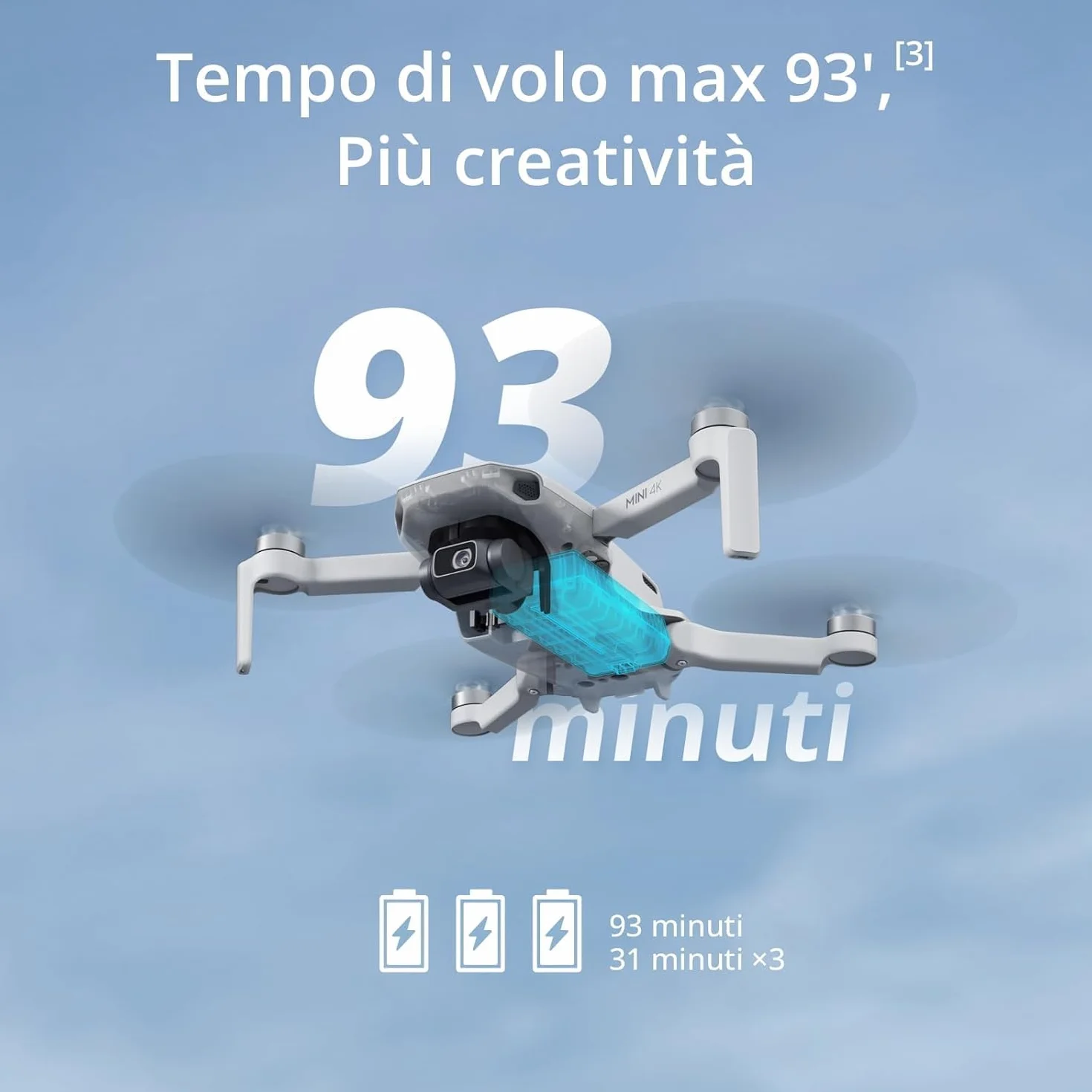 DJI Mini 4K, drone per adulti, fotocamera 4K HD, < 249 g, stabilizzatore 3 assi, trasmissione video 10 km, return automatico, resistenza al vento, 1 batteria per tempo di volo 31', volo intelligente