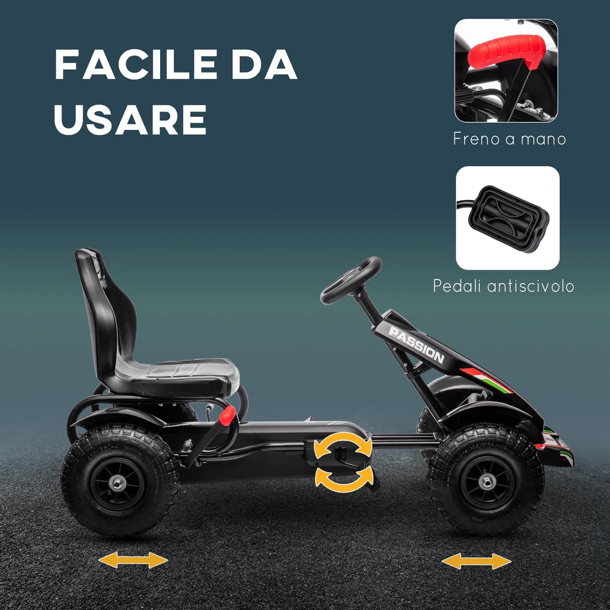HOMCOM Go Kart per Bambini 5-12 Anni, Kart a Pedali in Plastica e Metallo, Sedile Regolabile, Freno a Mano, Retromarcia, 121x58x61 cm, Nero