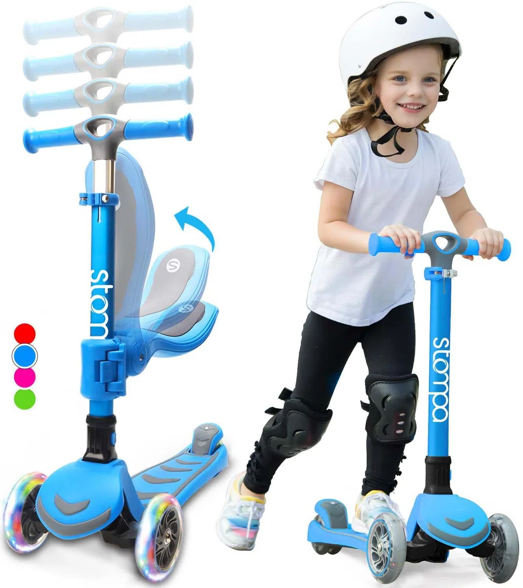 Stompa Monopattino per bambini a partire dai 3 anni in su, pieghevole, 3 ruote, luce flash a LED, 4 regolabili in altezza, scooter per bambini con sedile, scooter per 3-8