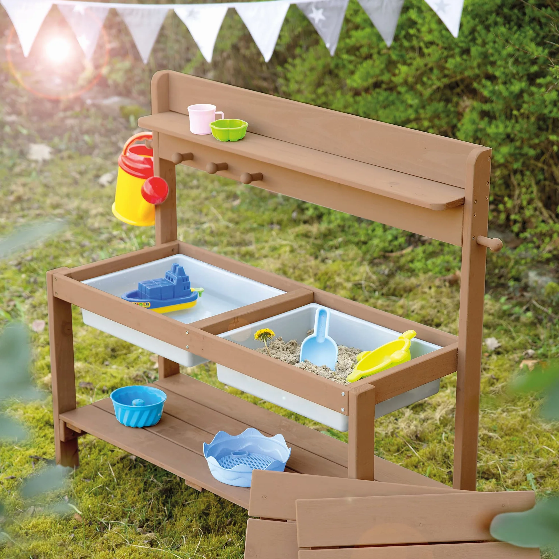 roba Cucina Per Bambini Sabbia e Acqua Fun - Multifunzionale - Tavolo da Esterno per Attività all'Aperto con 2 Vasche - Coperchio in Legno Massello Laccato Teak