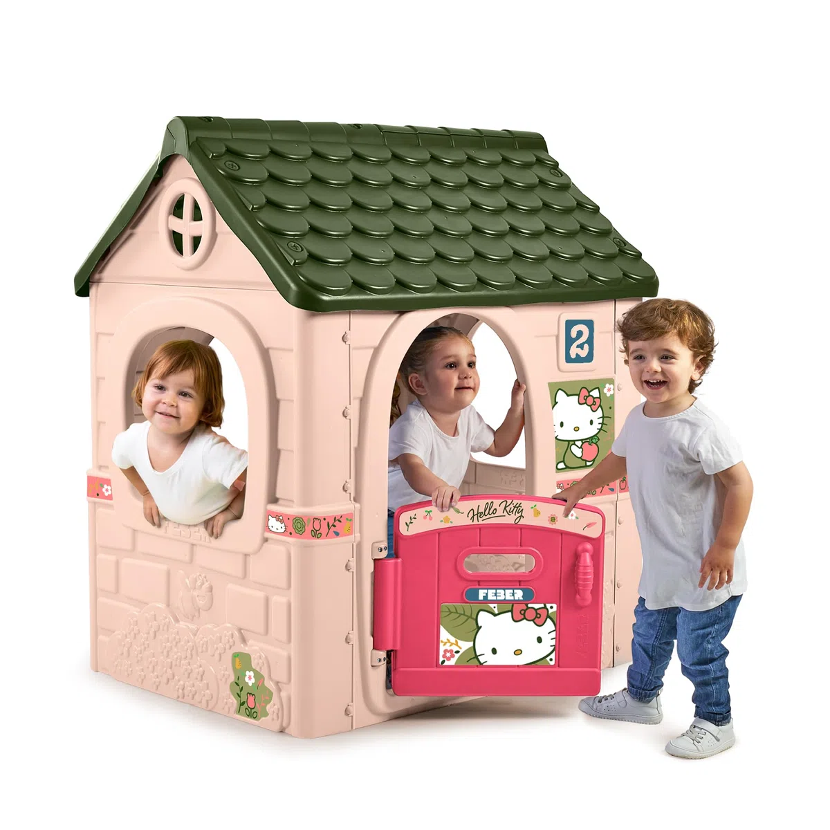 FEBER Hello Kitty House Casetta per bambini Porta apribile adesivi decorarla Colori Resistenti Luce Sole Facile Montare +2 anni