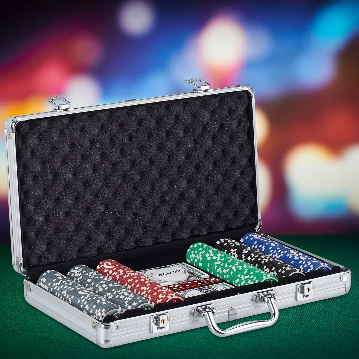 Relaxdays Valigetta Poker, 300 Chips Laser, 2 Mazzi di Carte, 5 Dadi, Dealer, Richiudibile & Portatile,Alluminio,Argento