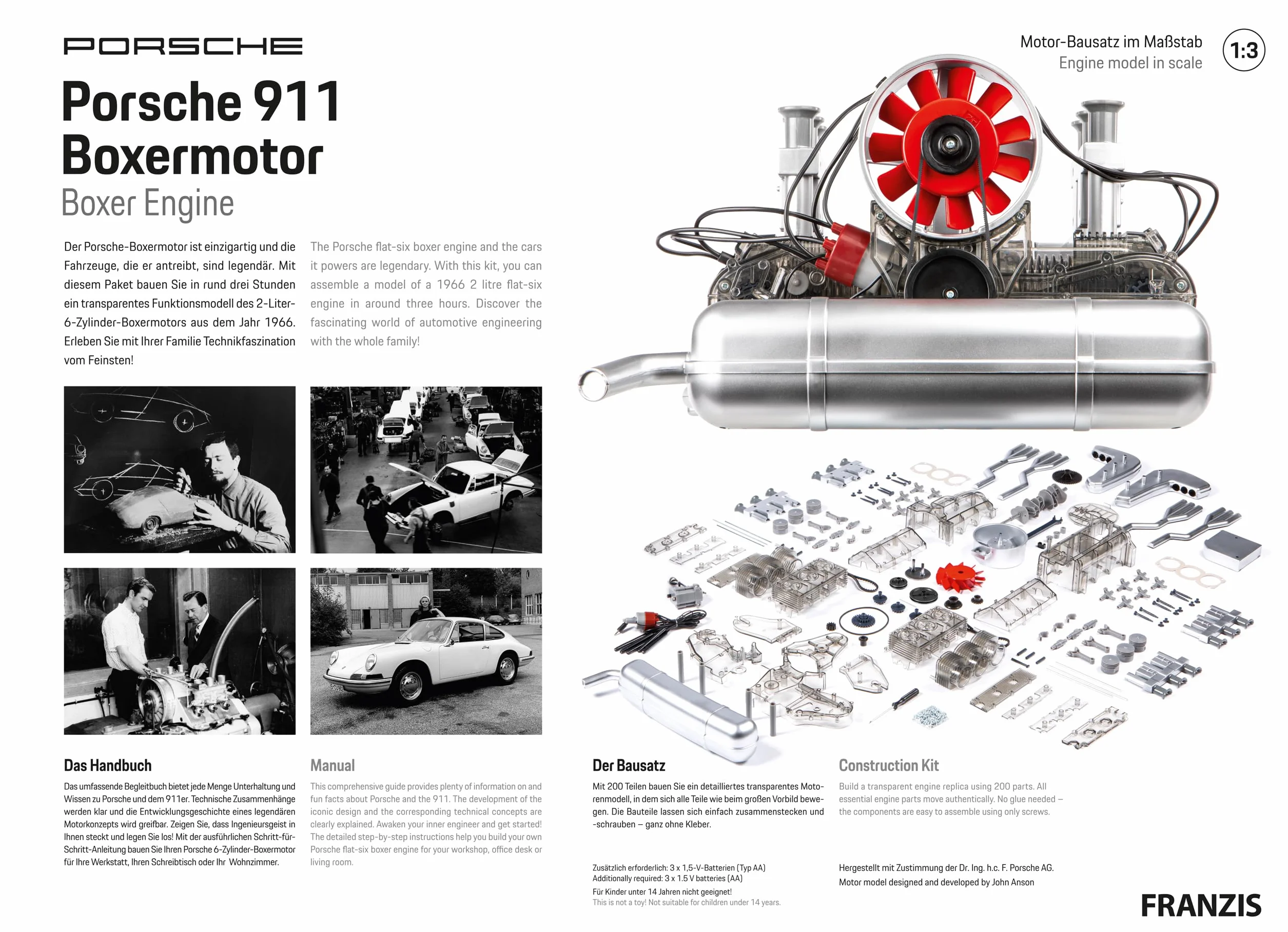 Franzis 67224 - Motore da Boxe Porsche 911, Kit da 290 Pezzi, Modello Funzionale Trasparente, Albero Motore Mobile, Pistoni e valvole, con Motore a 6 cilindri raffreddato ad Aria