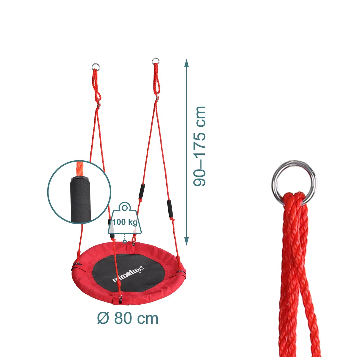 Relaxdays Altalena a Nido Ø 80 cm per Bambini, Regolabile, con impugnature in Schiuma, Esterno, Fino a 100 kg, Rossa