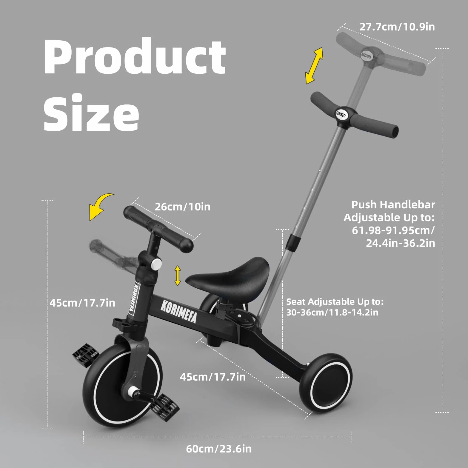 KORIMEFA 4 IN 1 Triciclo Bambini Triciclo con Maniglione di Spinta il Genitore per 1-3 Anni Ragazzi Ragazze Triciclo per Bambini Bicicletta Equilibrio Sedile e Maniglia Regolabili