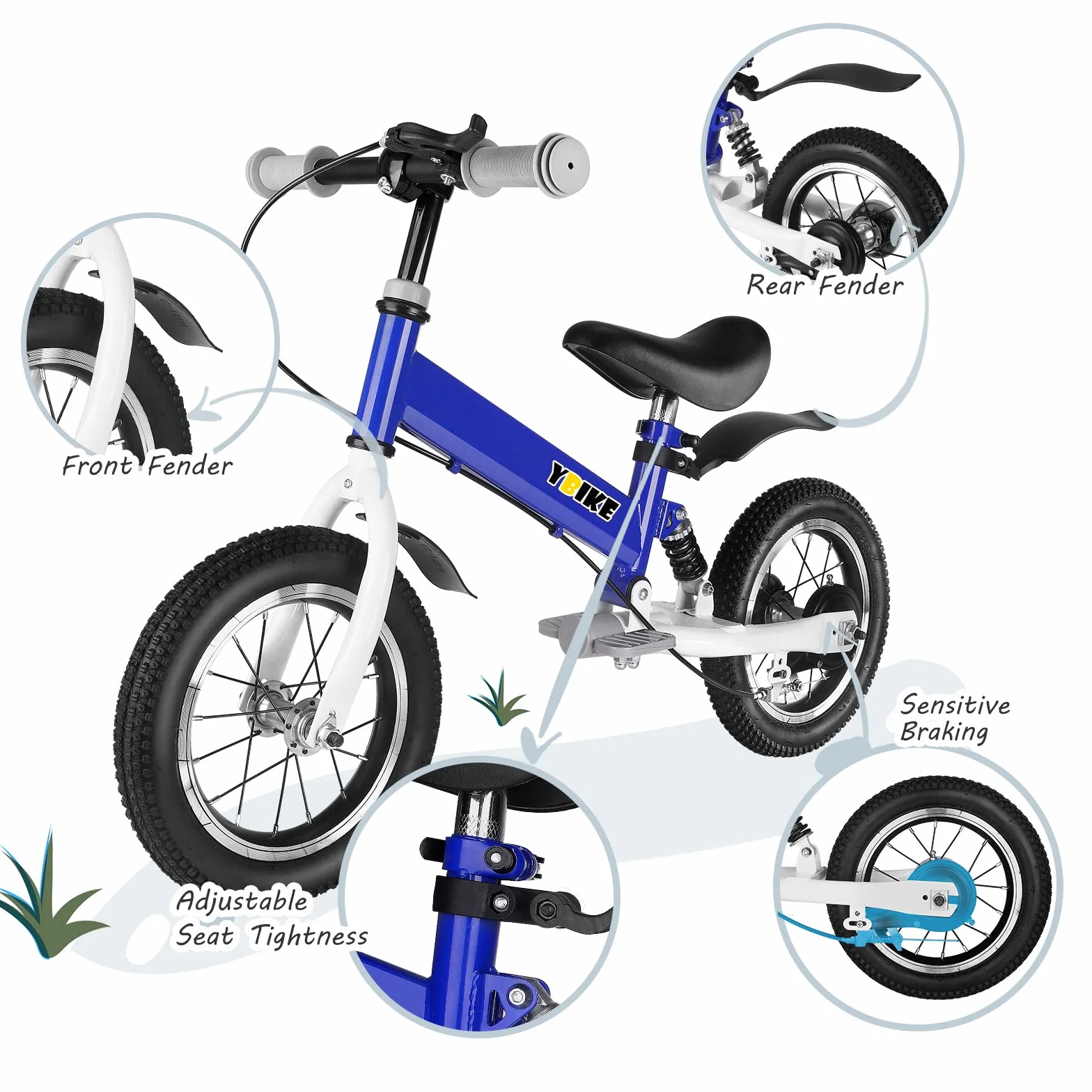 Ybike Bicicletta Senza Pedali,2 in 1 Bici Per Bambini da 12 14 Pollici, Per Bambini da 2 a 7 anni,4 Colori Bici da Equilibrio Con Freno,Ammortizzatore, Parafanghi