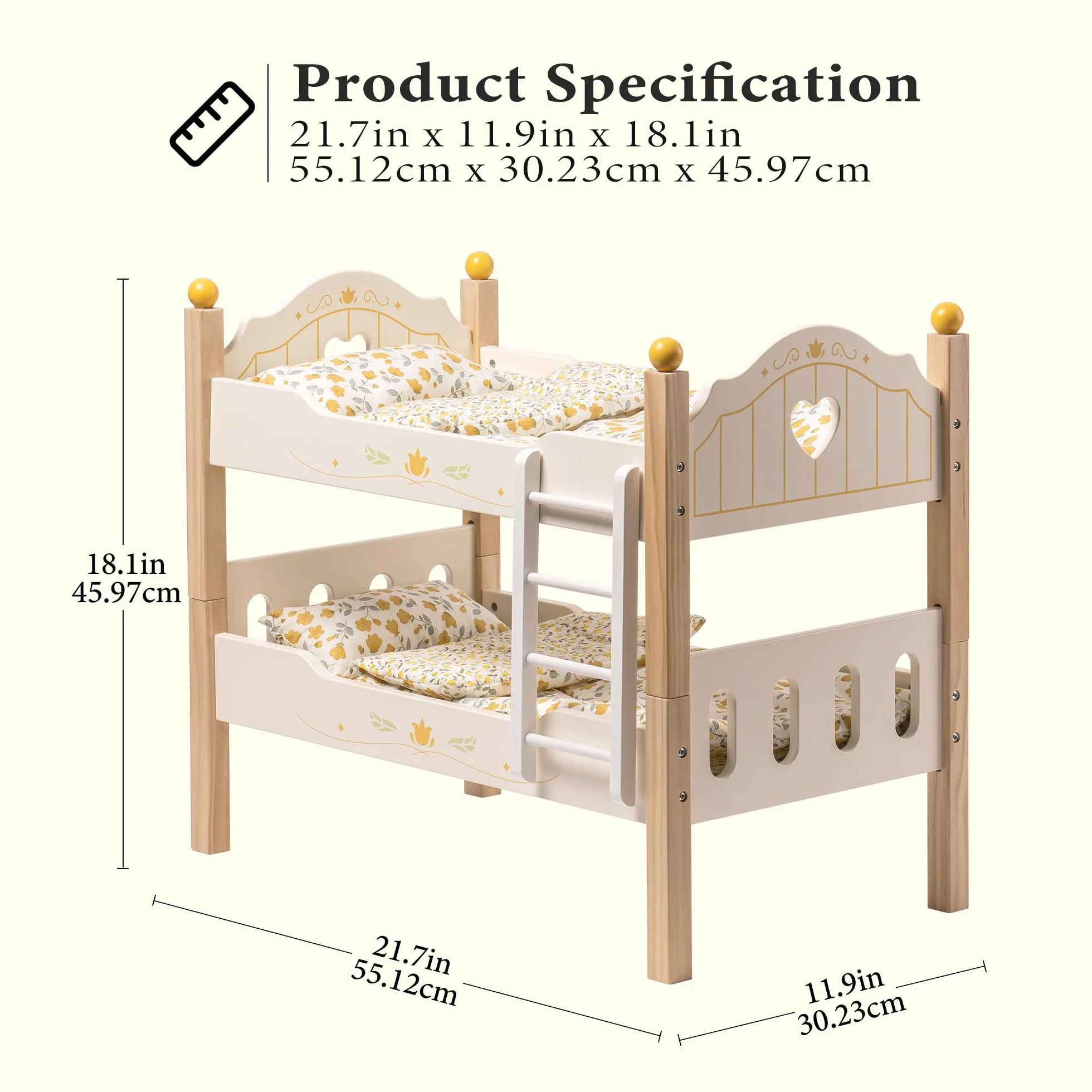 ROBOTIME Letto a castello per bambole in legno da 18", lettino per bambole trasformabile con scaletta e biancheria da letto, culla per bambole impilabile, regalo perfetto per bambini, color legno