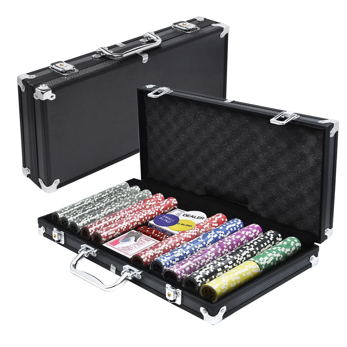 FIVMEN Set da poker da poker da 500 chip, con 500 chip da poker laser, 2 pazzi da poker, 3 bottoni per dealer e 5 dadi con valigetta in alluminio, nero