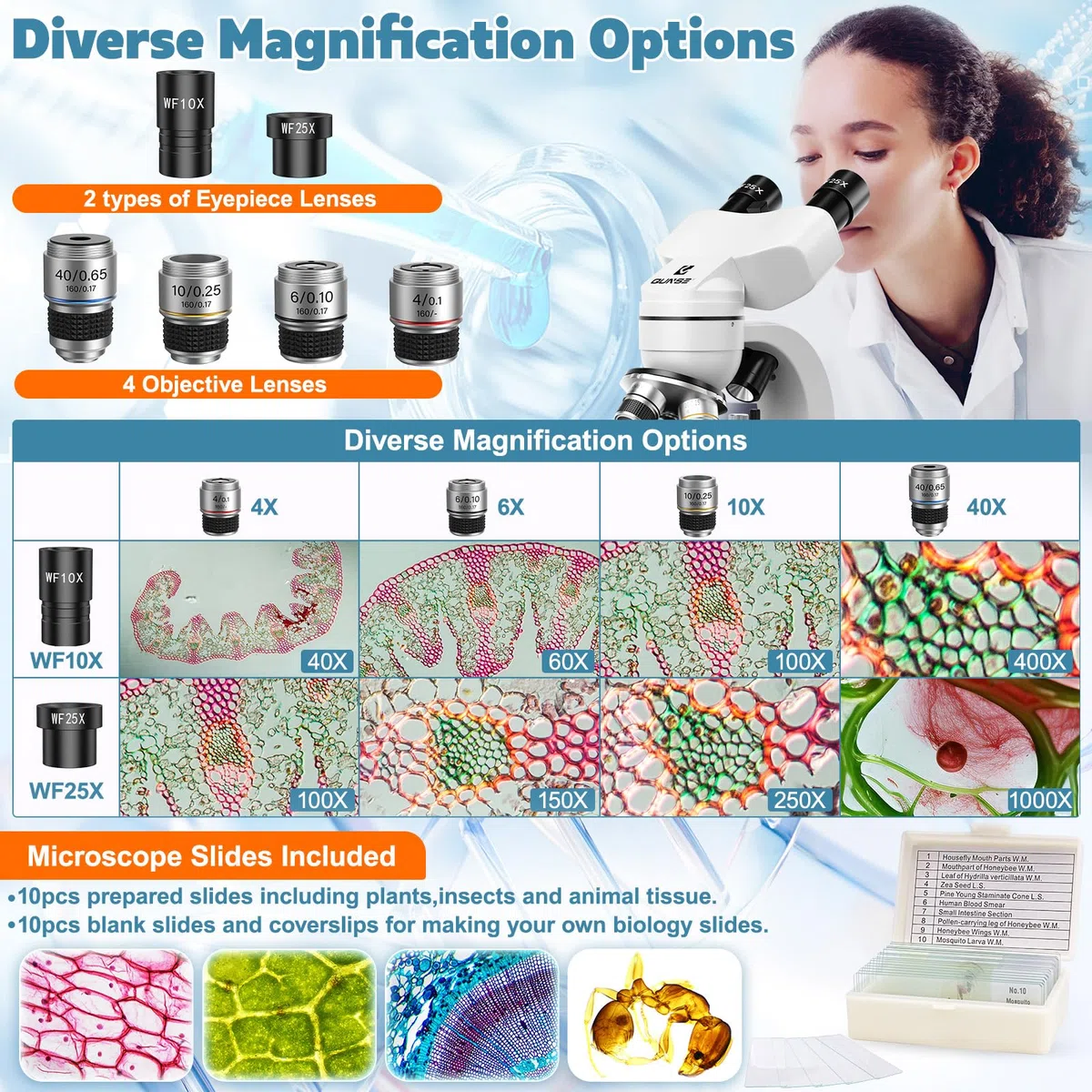 Microscopio binoculare, 40X-1000X, righello spostato, 4 lenti, messa a fuoco grossolana e fine, con oculari WF 10X/25X, accessori, valigetta per il trasporto