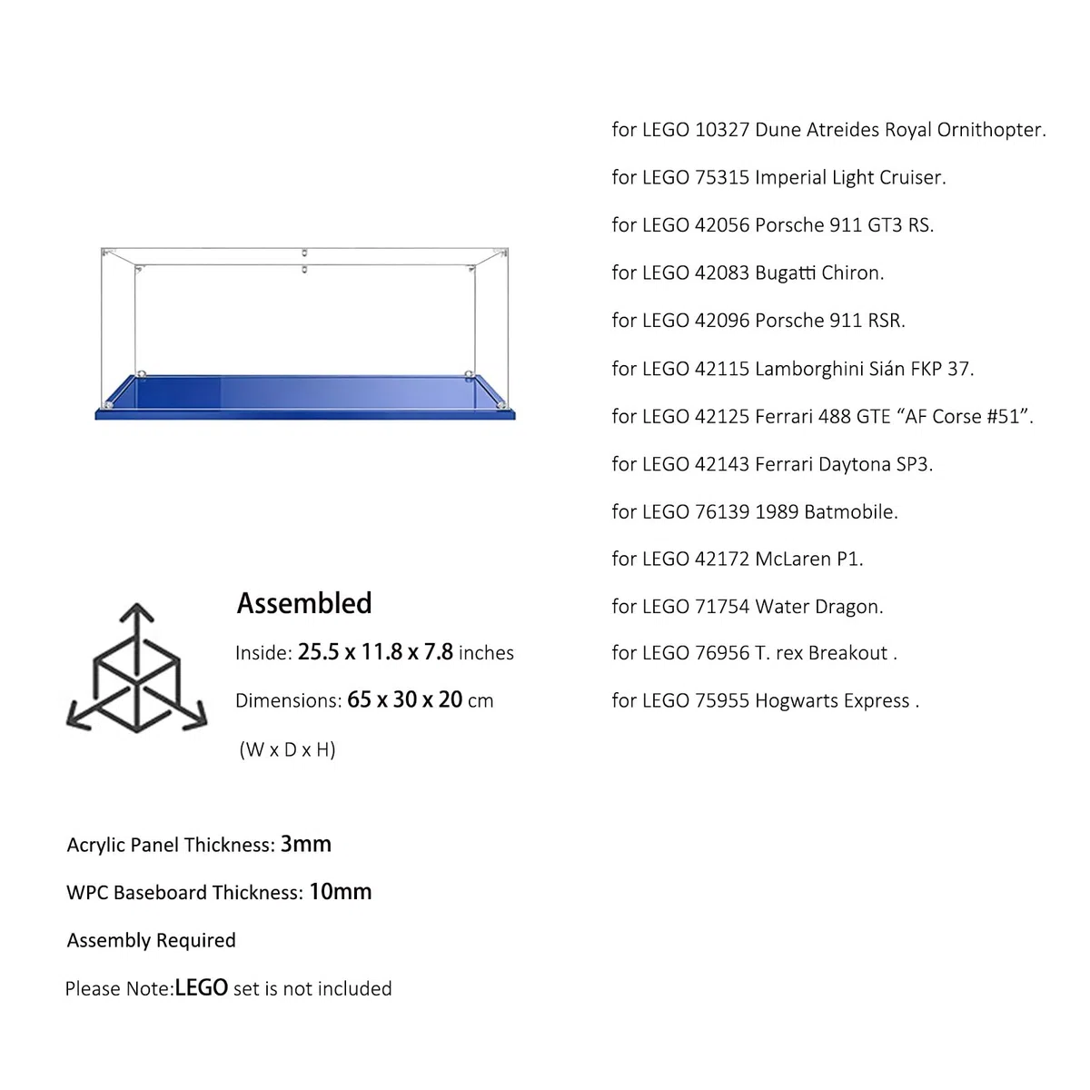 Vetrina Acrilica Trasparente Antipolvere, Una Grande Display Box Per Lego Modello serie 10327 42056 42083 42096 42143. Base blu (1, 65x30x20cm)