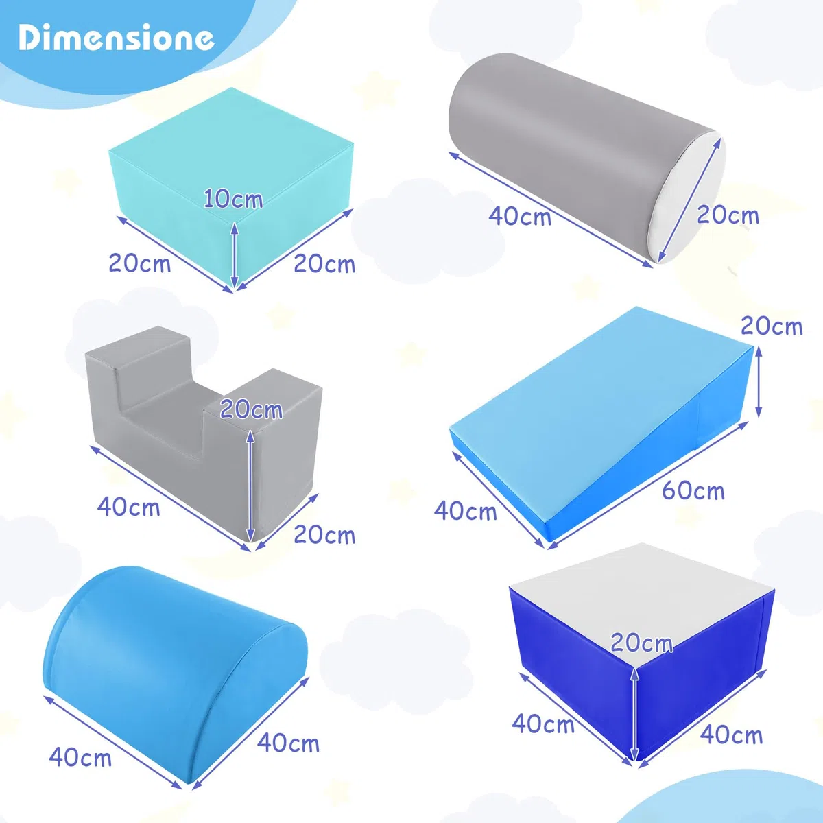 RELAX4LIFE Set di 6 Blocchi per Bambini in Schiuma Morbida, Centro di Attività (Blu)