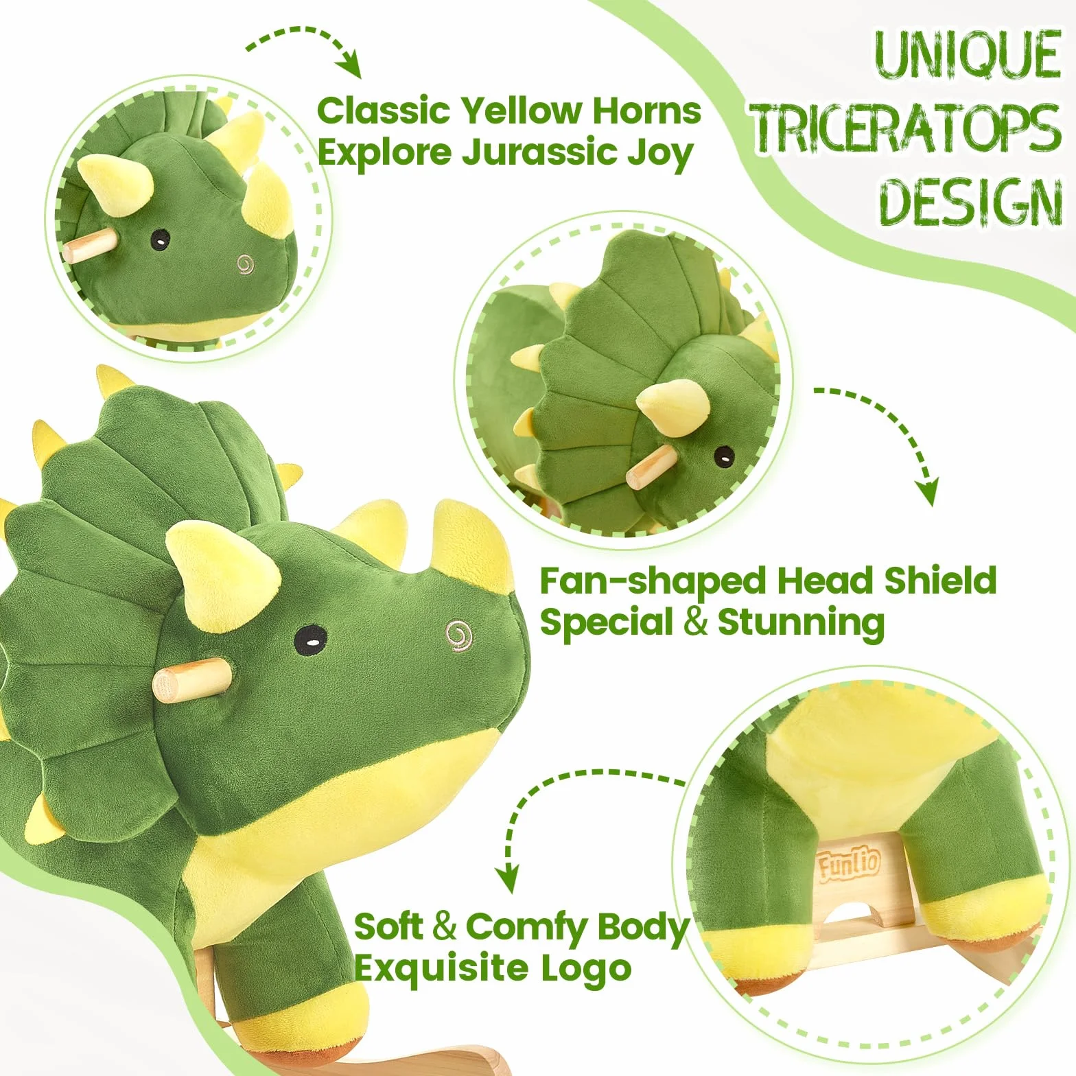 FUNLIO Dinosaur Baby Rocking Horse per Bambini 1-3 Anni, Triceratopo a Dondolo Peluche Verde Potente e Carino, Cavalcabile Dinosauri a Dondolo, Facile da Montare