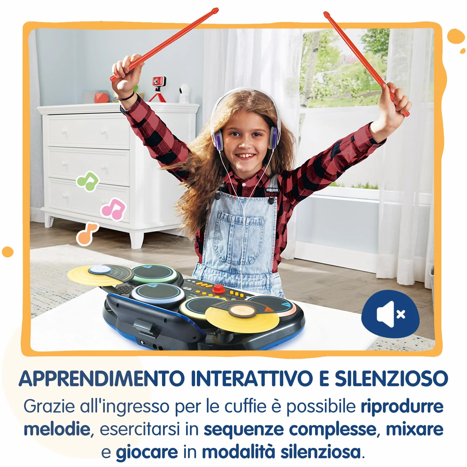 VTech Kidi DJ Drums, Batteria Elettronica per Bambini con Pad Luminosi, Giochi Musicali, Modalità Bluetooth e Microfono Integrato, Bacchette Incluse, Lingua Italiana, Batterie Incluse, 6+ Anni