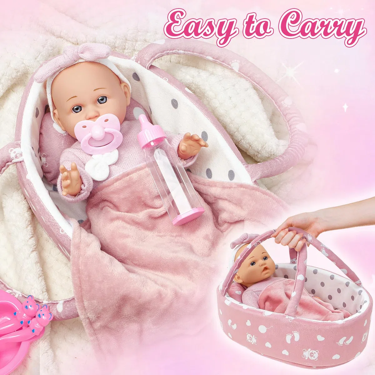 vamei Accessori per Bambola Reborn Femmina, Letto Portatile per Bambole con Vestiti per Bambole & Pannolini per Bambola Bambina & Borsa Fasciatoio & Biberon & Ciuccio, Regalo per Bambina 2 3 4 5 anni