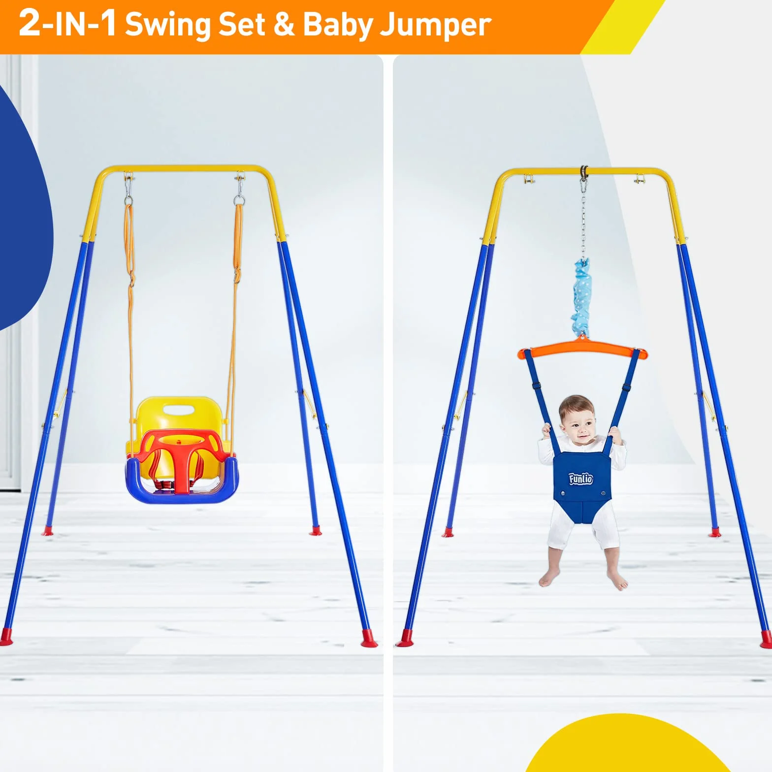 FUNLIO 2-in-1 Altalena e Altalena da Porta per Bambini, Altalena Resistenti con 4 Sacchi di Sabbia, Supporto in Metallo Pieghevole per Giochi al Coperto/Esterno, Facile da Montare e Riporre