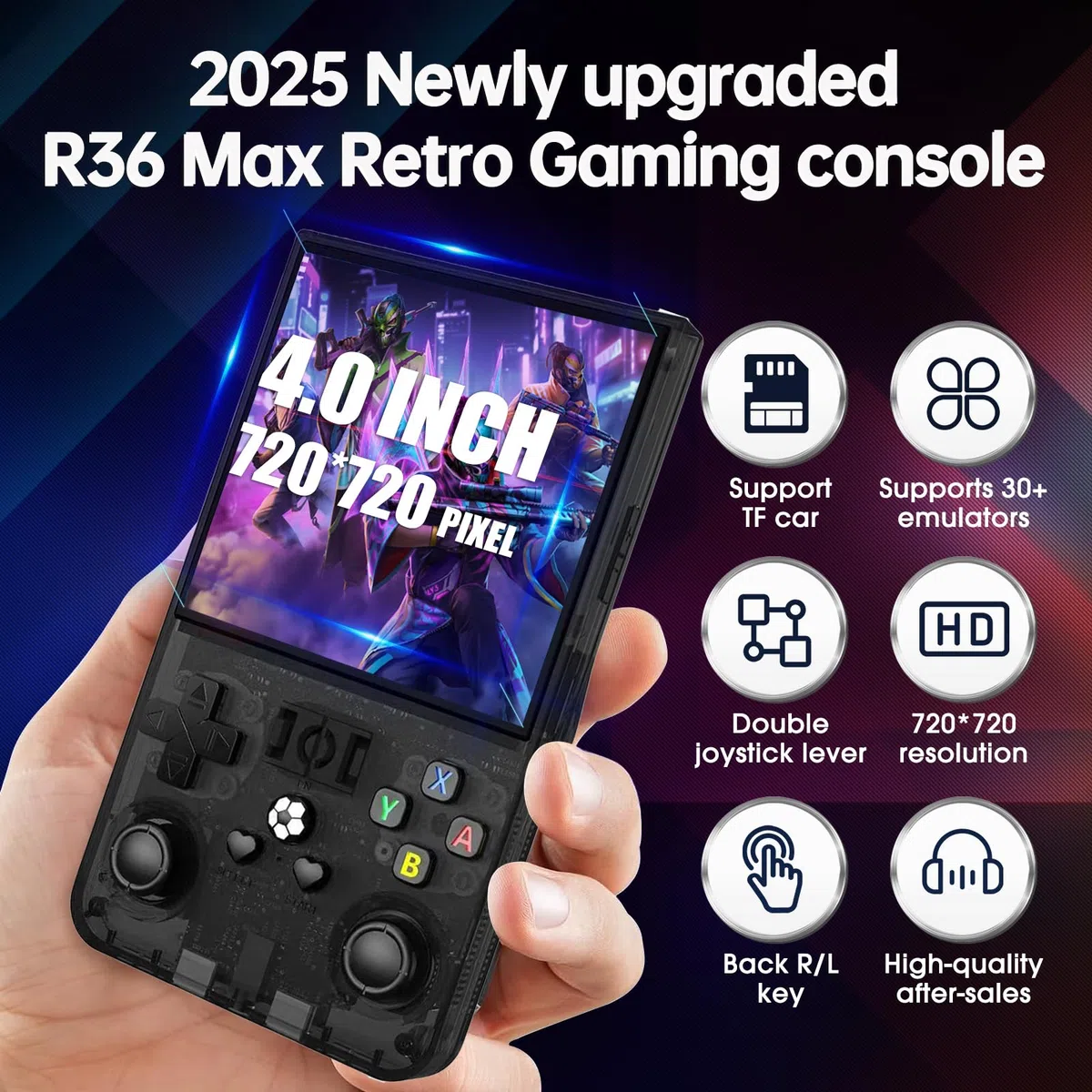 Console di gioco portatile retrò R36MAX, console di gioco retrò con schermo IPS da 4,0", oltre 30 emulatori tradizionali, oltre 22.000 giochi classici, scheda SD 128 GB, batteria da 4000 mAh - Nero
