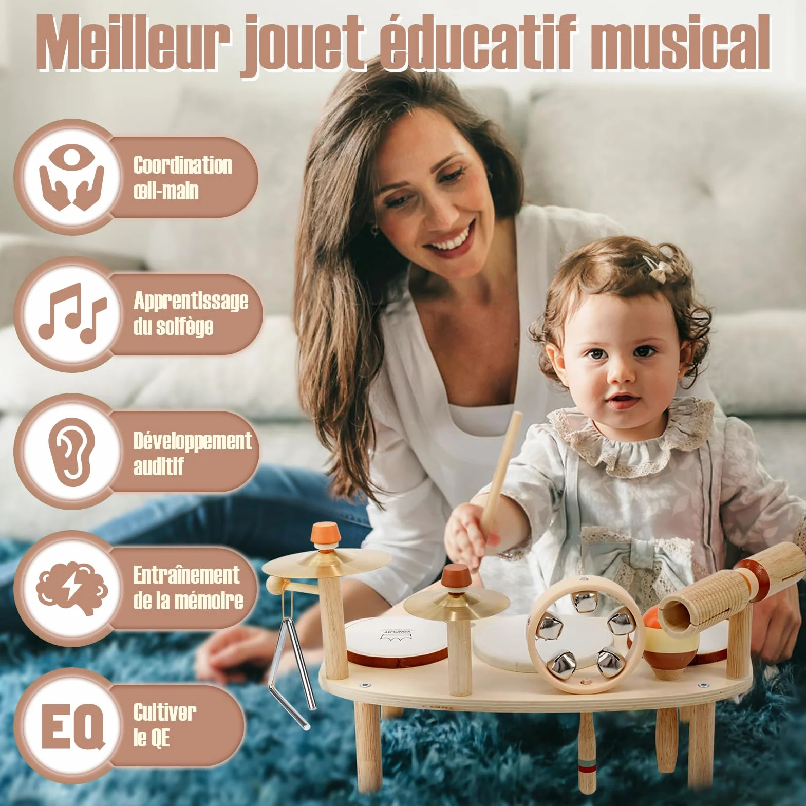 Vanplay Batteria in legno, strumenti musicali per bambini a partire da 1 anno con 3 tamburi e sonaglio a sonagli, tamburo giocattolo musicale per bambini, giocattolo Montessori da 1 anno