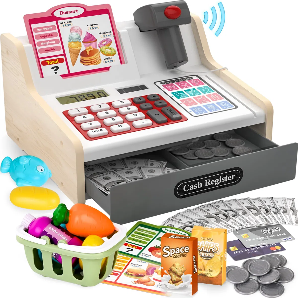 maysida Cassa Giocattolo in Legno con Scanner e Suoni per Bambini 3-5 Anni, Set Negozio con Monete, Carte, Carrello e Cibo Natale o Compleanno
