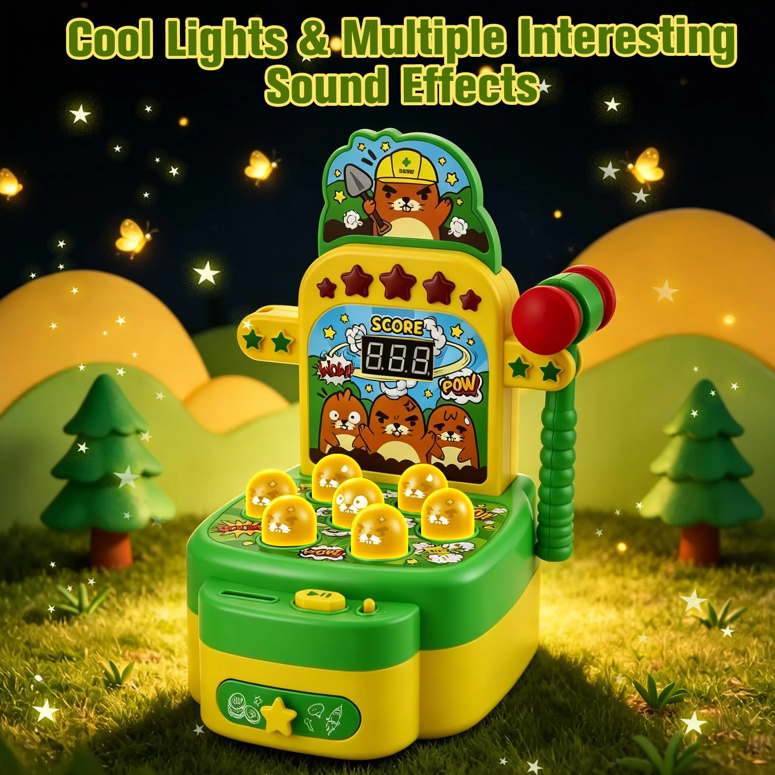 Gioco Colpisci la talpa per bambini Giocattolo musicale interattivo con 2 martelli per promuovere le capacità motorie Giocattolo educativo con luci ed effetti sonori, gioco arcade display LCD, verde