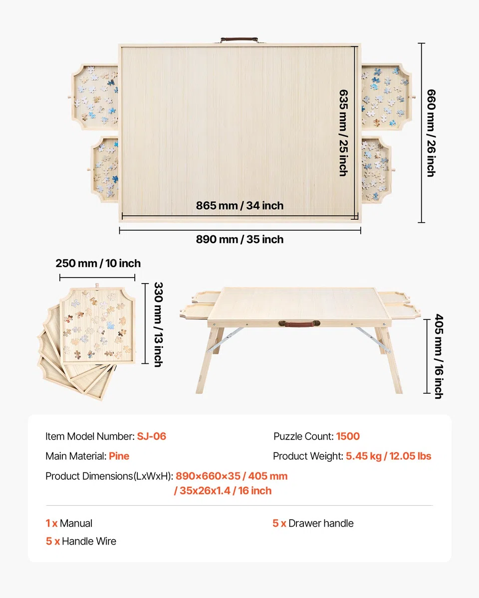 VEVOR Tavolo da Puzzle Pieghevole da 1500 Pezzi con Gambe Pieghevoli, 4 Cassetti e Coperchio, Set da Tavolo per Puzzle Standard in Legno 865 x 635 mm per Adulti, Facile da Riporre